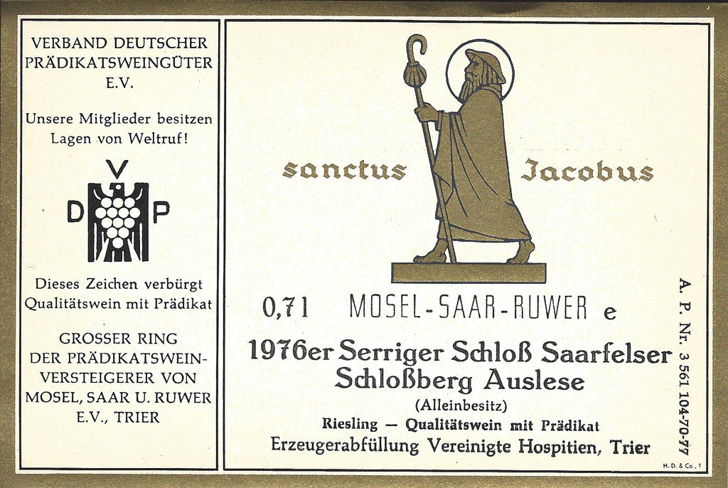 Vereinigte Hospitien - 1976 Serriger Schloss Saarfelder Schlossberg Riesling Auslese Goldkapsel white wine
